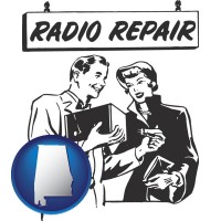 alabama map icon and a vintage radio repair shop