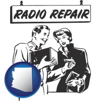arizona map icon and a vintage radio repair shop