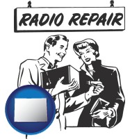 colorado map icon and a vintage radio repair shop