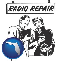florida map icon and a vintage radio repair shop