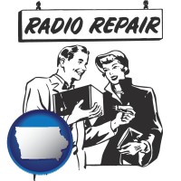 iowa map icon and a vintage radio repair shop