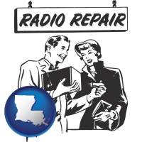 louisiana map icon and a vintage radio repair shop