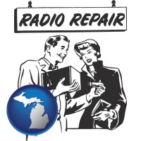 michigan map icon and a vintage radio repair shop