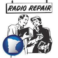 minnesota map icon and a vintage radio repair shop
