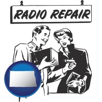 north-dakota map icon and a vintage radio repair shop