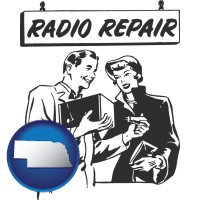 nebraska map icon and a vintage radio repair shop