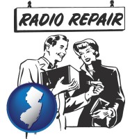 new-jersey map icon and a vintage radio repair shop