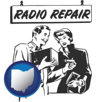 ohio map icon and a vintage radio repair shop