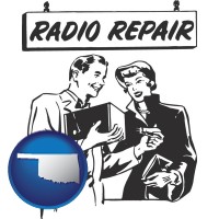 oklahoma map icon and a vintage radio repair shop