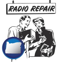 oregon map icon and a vintage radio repair shop