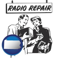 pennsylvania map icon and a vintage radio repair shop