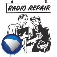 south-carolina map icon and a vintage radio repair shop