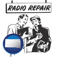 south-dakota map icon and a vintage radio repair shop