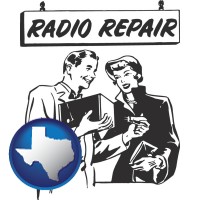 texas map icon and a vintage radio repair shop
