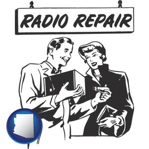 a vintage radio repair shop - with Arizona icon