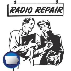 a vintage radio repair shop - with Iowa icon