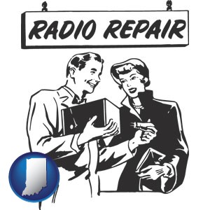 a vintage radio repair shop - with Indiana icon