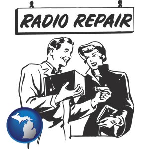 a vintage radio repair shop - with Michigan icon
