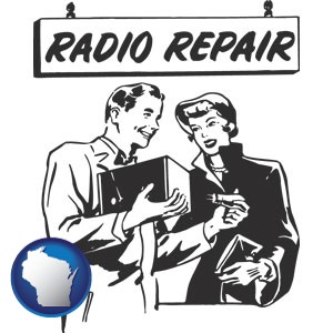 a vintage radio repair shop - with Wisconsin icon