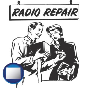 a vintage radio repair shop - with Wyoming icon